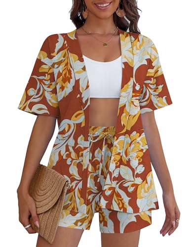 REDHOTYPE Women's 2 Piece Hawaiian Outfits Tropical Swimsuit Cover Up Kimono Beach Wear Set with Shorts Pockets Orange L - Image 2