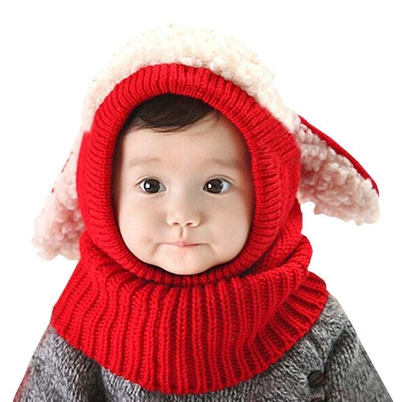 Scarf Woolen Earflap Hood Warm Skull Knit CapsCrochet Earflap Pilot Hats Beanie Cap for Toddlers Baby Girls and Boys Hat4Red