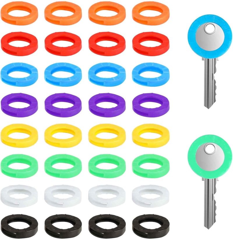 Key Identification Labels 32-Pack Soft Durable Silicone Key Covers - Bright Color Quick Recognition Elastic Key Tags for Home Luggage Pet Item Organization - Image 1