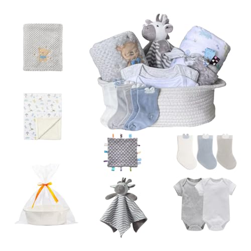 CREVENT Gift Set for Girls Boys -Diaper Caddy Organizer Basket with 2 Blankets, 1 Taggie, 1 Lovey, 3 Socks,2 Baby Bodysuits,1 Gift Bag with Ribbon - Newborn Essential Baby Shower