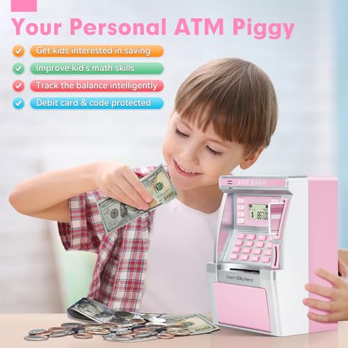 BAODLON Pink Piggy Bank for Kids, ATM Machine Bank for Real Money with Debit Card, Bill Feeder, Coin Recognition, Balance Calculator, Electronic Savings Safe Box, Cool Stuff Toys Gifts for Teen Girl - Image 5