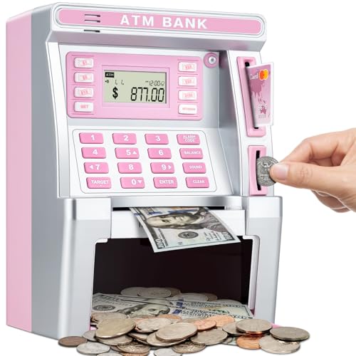 BAODLON Pink Piggy Bank for Kids, ATM Machine Bank for Real Money with Debit Card, Bill Feeder, Coin Recognition, Balance Calculator, Electronic Savings Safe Box, Cool Stuff Toys Gifts for Teen Girl - Image 1