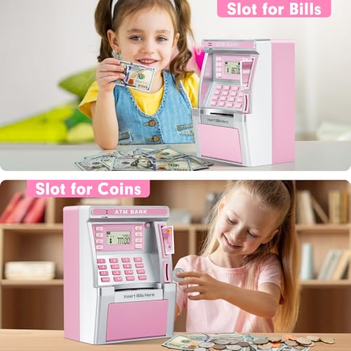 BAODLON Pink Piggy Bank for Kids, ATM Machine Bank for Real Money with Debit Card, Bill Feeder, Coin Recognition, Balance Calculator, Electronic Savings Safe Box, Cool Stuff Toys Gifts for Teen Girl - Image 4