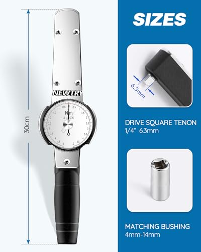 NEWTRY Dial Torque Wrench, 0.5-5 N.m Dial Indicator Torque Wrench with Sockets Set (4-14mm), Precision Torque Meter, 1/4 inch Pound Dial Torque Wrench Torque Force Tester - Image 2