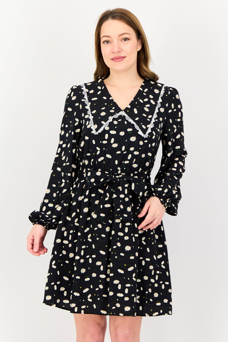 SELECTED فستان ميني مزخرف بالأزهار مع حزام للنساء من سيلكتد فام، أسود - Image 1