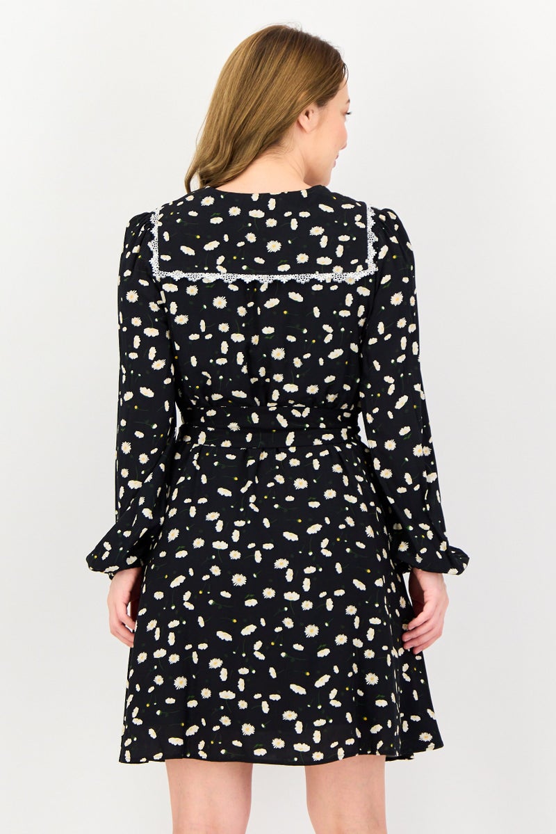 SELECTED فستان ميني مزخرف بالأزهار مع حزام للنساء من سيلكتد فام، أسود - Image 3