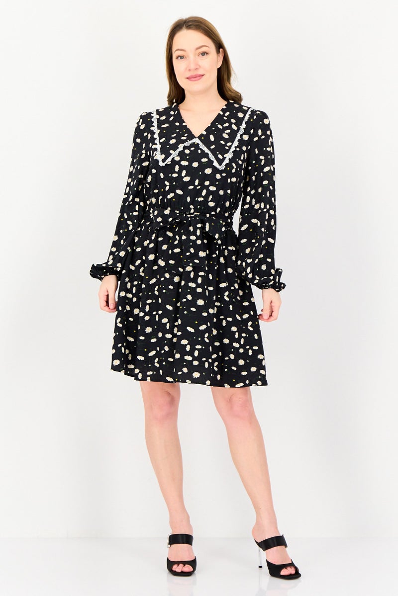 SELECTED فستان ميني مزخرف بالأزهار مع حزام للنساء من سيلكتد فام، أسود - Image 4