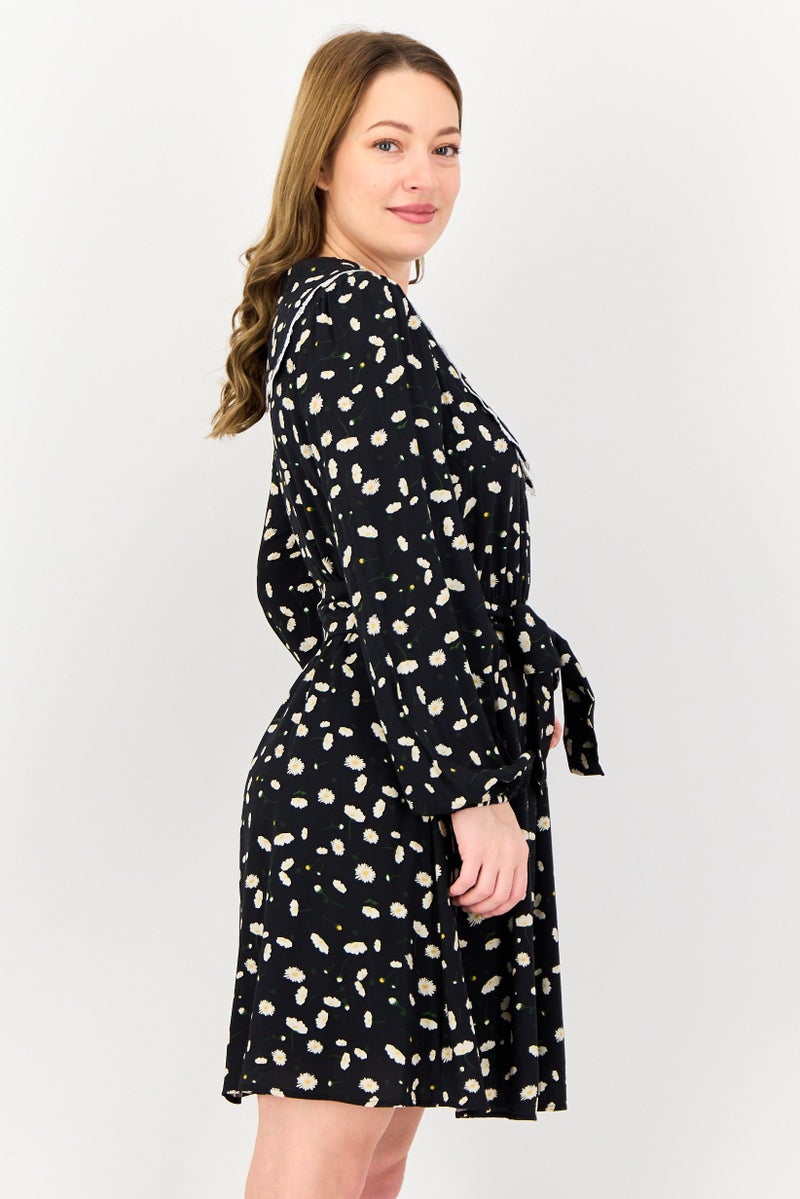 SELECTED فستان ميني مزخرف بالأزهار مع حزام للنساء من سيلكتد فام، أسود - Image 2