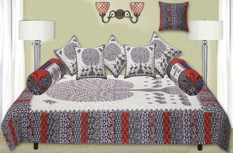 Blizz Mont | Badmeri Printed Diwan Set | Pure Cotton | Quilted | Set Contains- 8 Pieces (1 Single Bedsheet, 2 Boster Covers, 5 Cushion Covers | (DSN 4)-CO1 - Image 1