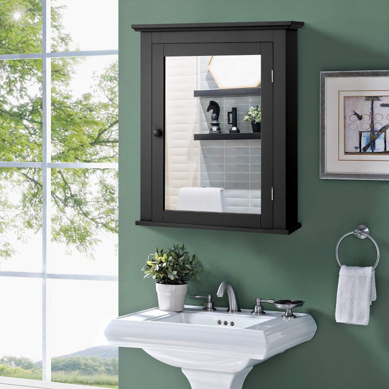 Tangkula Bathroom Cabinet with Mirror, Mirrored Wall-Mounted Storage Medicine Cabinet w/Single Door & Adjustable Shelf in 5 Positions, Multipurpose Wall Cabinet for Bathroom (Black) - Image 2
