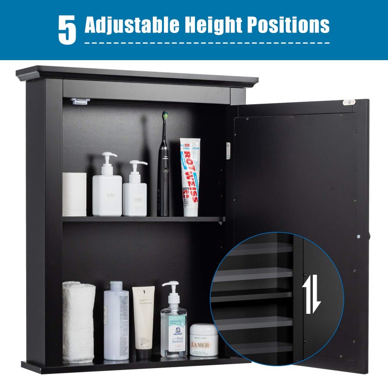 Tangkula Bathroom Cabinet with Mirror, Mirrored Wall-Mounted Storage Medicine Cabinet w/Single Door & Adjustable Shelf in 5 Positions, Multipurpose Wall Cabinet for Bathroom (Black) - Image 5