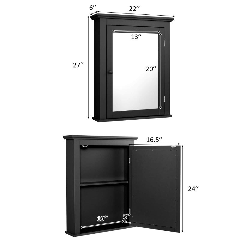 Tangkula Bathroom Cabinet with Mirror, Mirrored Wall-Mounted Storage Medicine Cabinet w/Single Door & Adjustable Shelf in 5 Positions, Multipurpose Wall Cabinet for Bathroom (Black) - Image 4