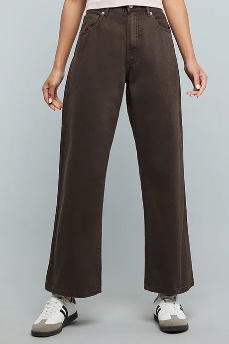 أر أند بي Solid Wide Leg Jeans with Button Closure