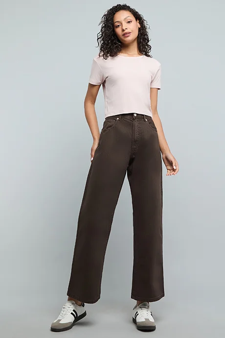 أر أند بي Solid Wide Leg Jeans with Button Closure