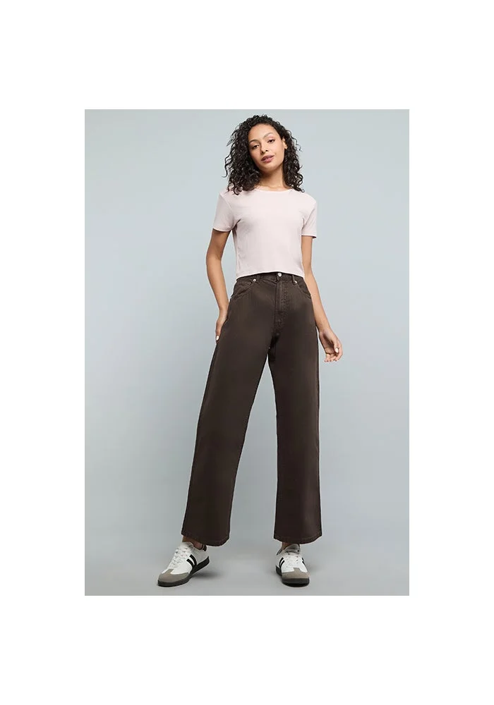 أر أند بي Solid Wide Leg Jeans with Button Closure