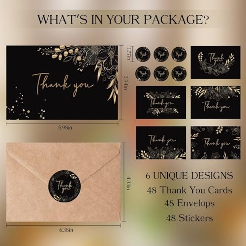 Oaken Leaford 48 Pack Pre-Folded Floral Thank You Cards with Envelopes & Stickers, 6 Elegant Designs for Wedding, Baby Shower, Bridal Shower, Teacher Gifts (Black Gold) - Image 2