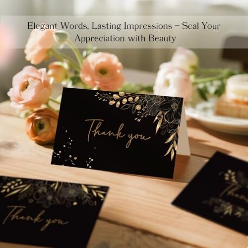 Oaken Leaford 48 Pack Pre-Folded Floral Thank You Cards with Envelopes & Stickers, 6 Elegant Designs for Wedding, Baby Shower, Bridal Shower, Teacher Gifts (Black Gold) - Image 3