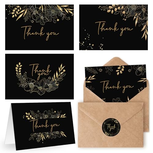 Oaken Leaford 48 Pack Pre-Folded Floral Thank You Cards with Envelopes & Stickers, 6 Elegant Designs for Wedding, Baby Shower, Bridal Shower, Teacher Gifts (Black Gold) - Image 1