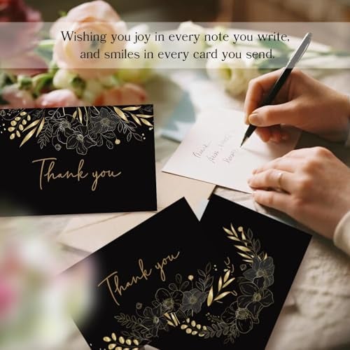 Oaken Leaford 48 Pack Pre-Folded Floral Thank You Cards with Envelopes & Stickers, 6 Elegant Designs for Wedding, Baby Shower, Bridal Shower, Teacher Gifts (Black Gold) - Image 4