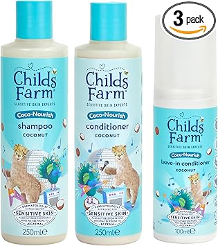 Childs Farm Kids CocoNourish Hair Regime Bundle Tear Free Coconut Shampoo 250ml Conditioner 250ml and Leavein Conditioner Spray 100ml Suitable for Dry Curly and Coily Hair 3 Pack - Image 1