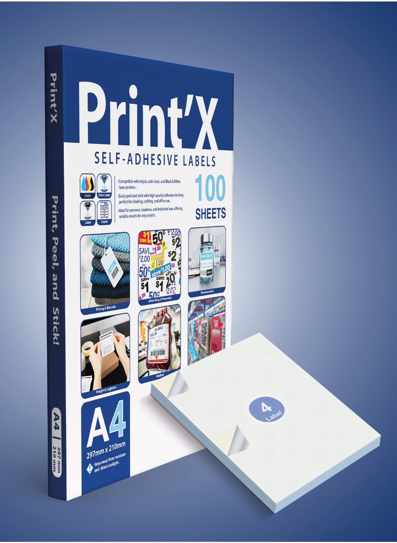Print'X A4 Sticker Paper – Label Size (105 x 148.5 mm) – 4 Labels per Sheet – Pack of 100 Sheets  - Image 1