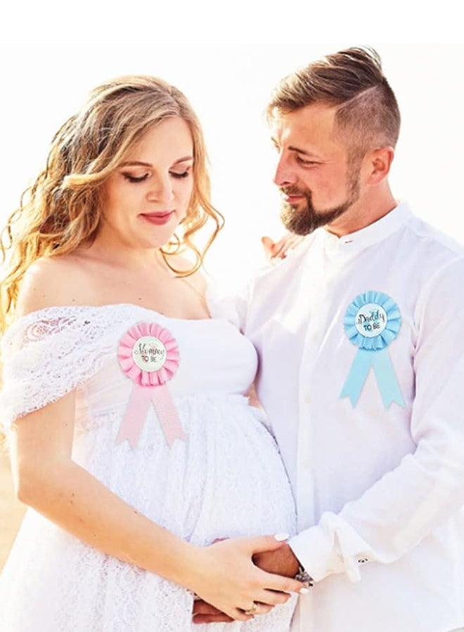 4 Piece Baby Shower Sashes Badge Set 2 Pieces Mom Daddy to Be Sash 2 Pieces Mom Dad to be Badge Baby Shower Button Baby Shower Party Celebration Baby Welcome Party White/Pink/Blue