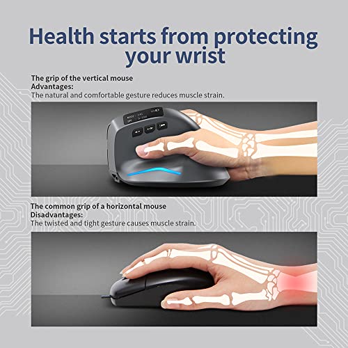 zelotes Bluetooth Wireless Mouse with Display,Rechargeable,3200DPI,BT 5.0/3.0 & 2.4G,7 Buttons,LED,USB Optical Ergonomic Vertical Mouse für Laptop,PC,Tablets,Black - Image 4