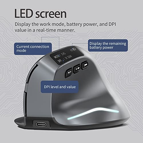 zelotes Bluetooth Wireless Mouse with Display,Rechargeable,3200DPI,BT 5.0/3.0 & 2.4G,7 Buttons,LED,USB Optical Ergonomic Vertical Mouse für Laptop,PC,Tablets,Black - Image 3