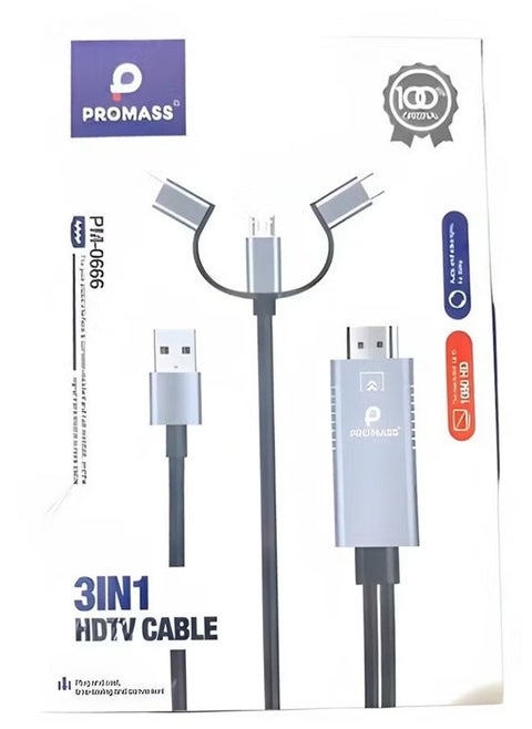 3-in-1 HDTV Adapter,Lightning/Type C/Micro USB to HDMI Cable for iPhone/Android Black