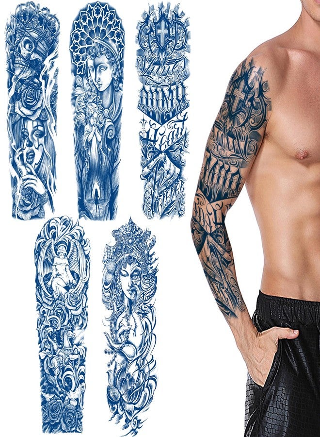 Aresvns Semi Permanent Sleeve Tattoos for Men and Women, 5 Sheets Full Arm Realistic Tattoos for BBQ Pool Beach Party, Waterproof and Long-Lasting 2 Weeks, Holidays Gift, Blue - Image 1