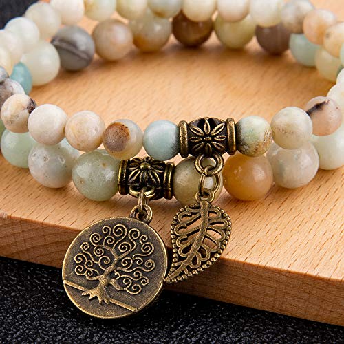Bivei Natural Semi Precious Gemstone Beads Bracelet for Women - Life Tree and Leaf Charm Chakra Energy Anxiety Stretch Bracelets (Amazonite Beads) - Image 3