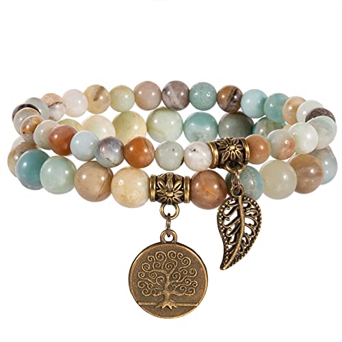 Bivei Natural Semi Precious Gemstone Beads Bracelet for Women - Life Tree and Leaf Charm Chakra Energy Anxiety Stretch Bracelets (Amazonite Beads) - Image 1