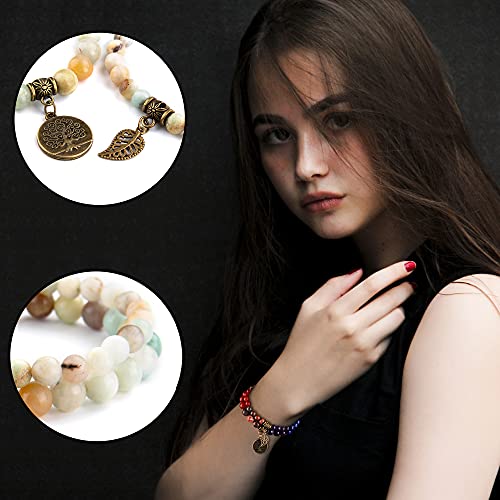 Bivei Natural Semi Precious Gemstone Beads Bracelet for Women - Life Tree and Leaf Charm Chakra Energy Anxiety Stretch Bracelets (Amazonite Beads) - Image 2