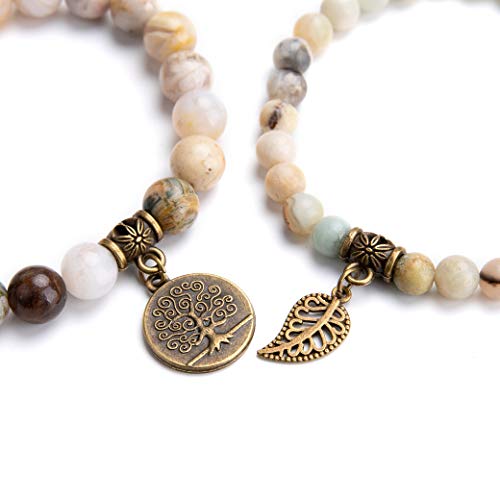 Bivei Natural Semi Precious Gemstone Beads Bracelet for Women - Life Tree and Leaf Charm Chakra Energy Anxiety Stretch Bracelets (Amazonite Beads) - Image 4