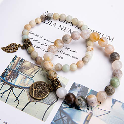 Bivei Natural Semi Precious Gemstone Beads Bracelet for Women - Life Tree and Leaf Charm Chakra Energy Anxiety Stretch Bracelets (Amazonite Beads) - Image 5