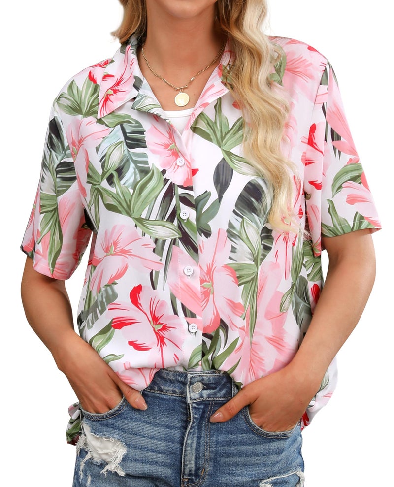 ZXZY Women Summer Hawaii Shirts Soft Cool Floral Tropic Print Short Sleeve Button Up Tops T-Shirt Green - Image 3