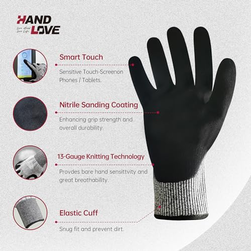 HandLove Cut Resistant Gloves – ANSI A7 Cut Proof Safety Work Gloves | Sandy Nitrile Anti-Slip, Touchscreen, Durable, PFAS Free | Wood Carving, Gardening, Glass Cutting, Car Repair – Blue, 1Pair,L - Image 2