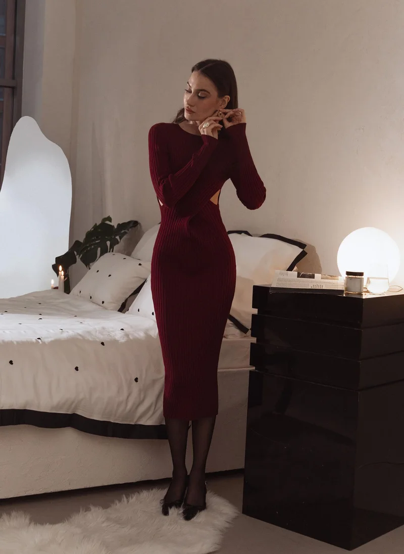 Lichi Ribbed midi dress with waist decor