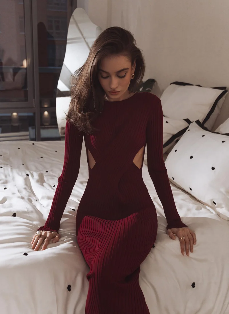 Lichi Ribbed midi dress with waist decor