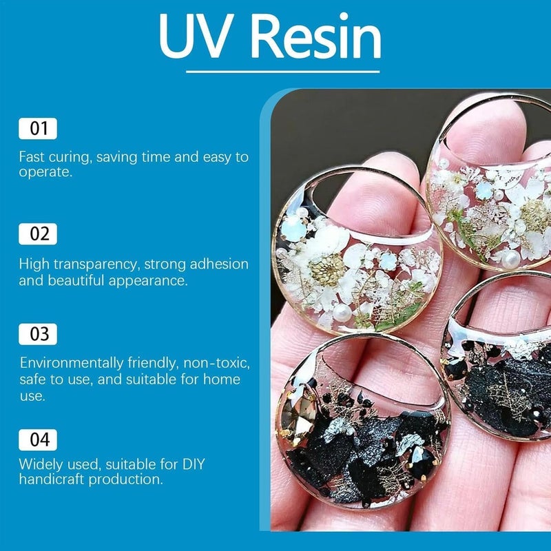 إكسفور غراء راتنج الأشعة فوق البنفسجية للحرف اليدوية، غراء راتنج الأشعة فوق البنفسجية الصلب، راتنج الأشعة فوق البنفسجية سريع الجفاف، قطرات كريستال للزهور المجففة، غراء معالجة عالي اللمعان للمجوهرات والحرف اليدوية والفنون والحرف اليدوية (100 غرام) - Image 5