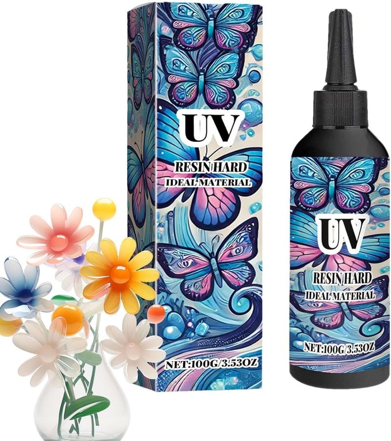 إكسفور غراء راتنج الأشعة فوق البنفسجية للحرف اليدوية، غراء راتنج الأشعة فوق البنفسجية الصلب، راتنج الأشعة فوق البنفسجية سريع الجفاف، قطرات كريستال للزهور المجففة، غراء معالجة عالي اللمعان للمجوهرات والحرف اليدوية والفنون والحرف اليدوية (100 غرام) - Image 1