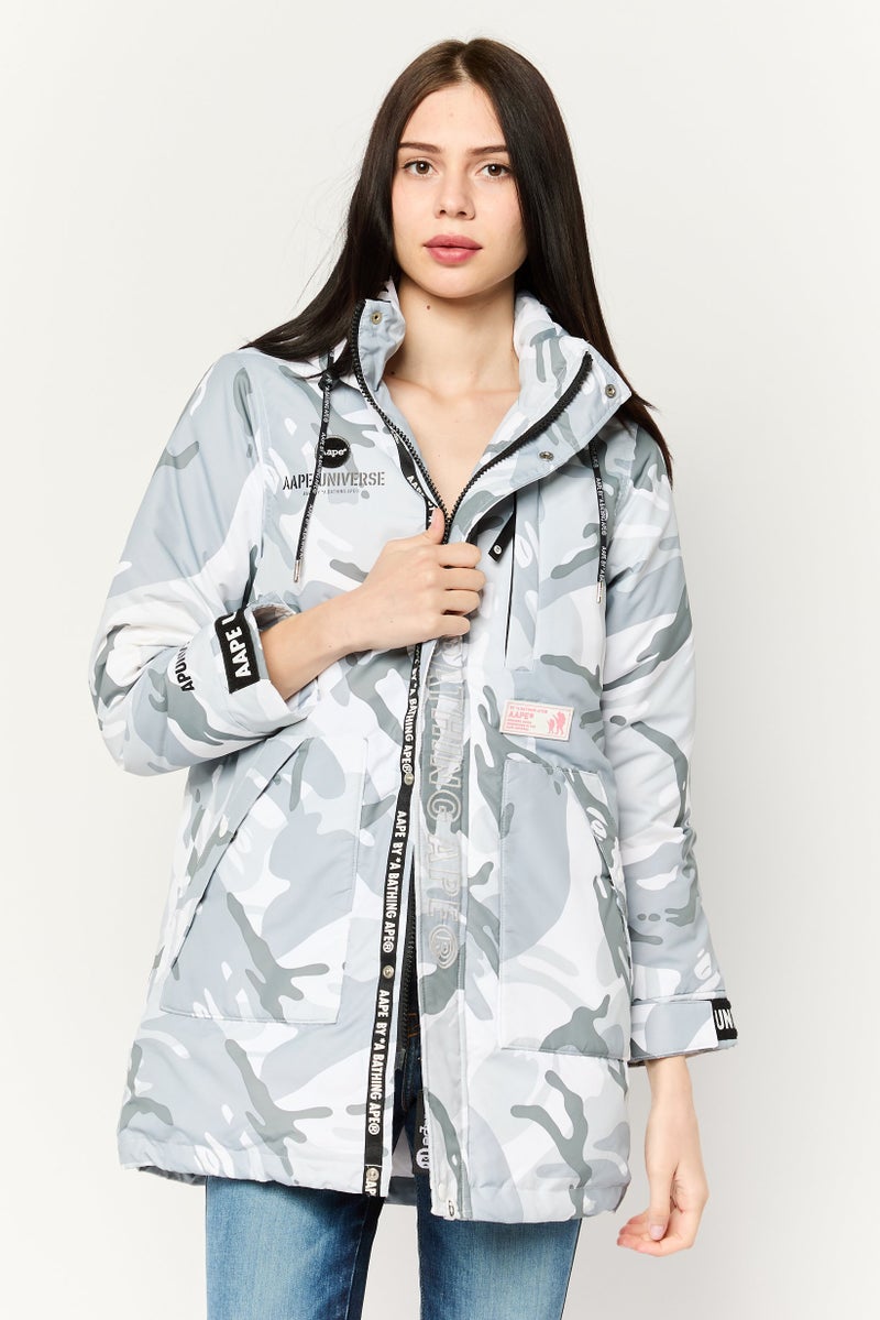 Aape By A Bathing Ape Women Camouflage Hooded Puffer Jacket, Grey  - Image 1