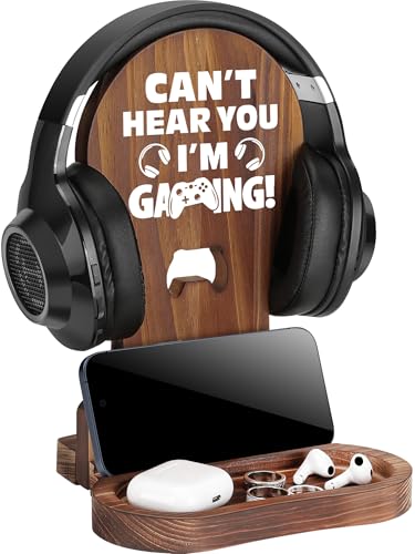 Slothoem-Gamer Gifts for Men Teenage Boy Christmas, Gamer Room Decor for Brother, Gaming Gifts for Son, Boyfriend, Husband, Gamer Room Accessories Stuff, Wooden Headset Stand - Can't Hear You I'm Gaming - Image 1