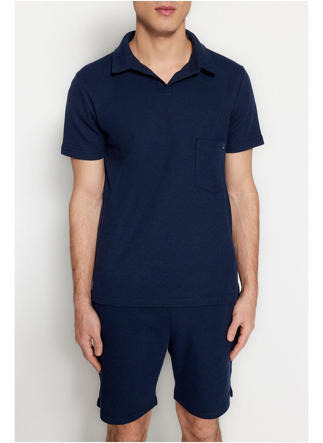 trendyol Navy Blue Regular/Normal Fit Textured Fabric Labeled Polo Neck Tracksuit Set TMNSS23EM00003  - Image 4