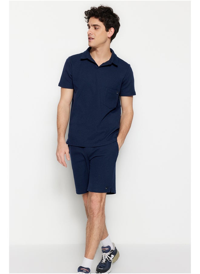 trendyol Navy Blue Regular/Normal Fit Textured Fabric Labeled Polo Neck Tracksuit Set TMNSS23EM00003  - Image 2