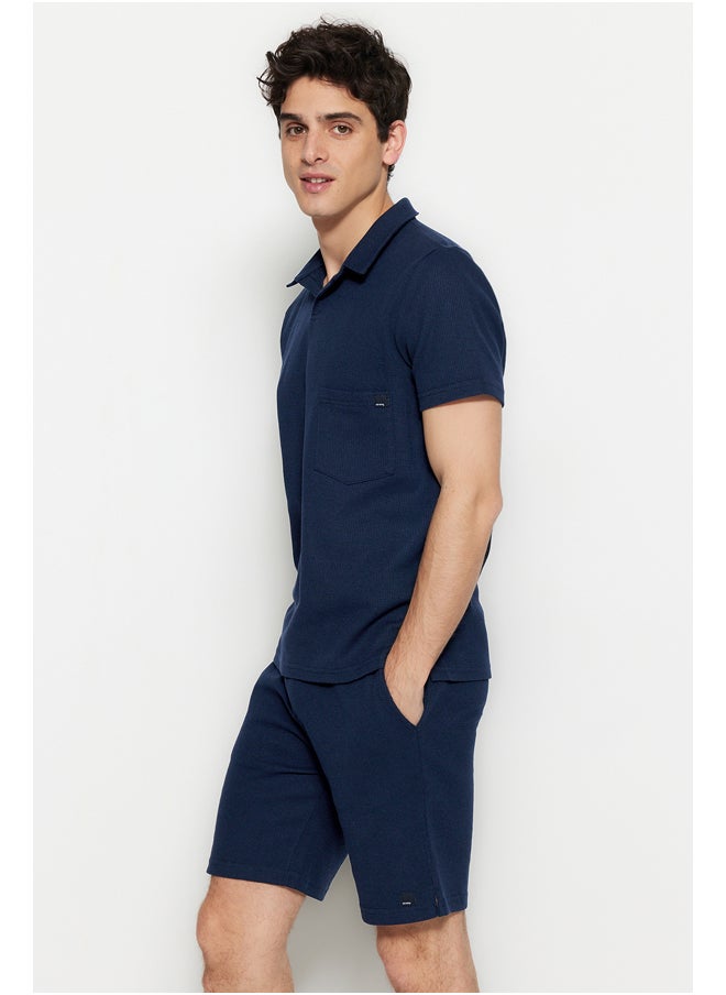 trendyol Navy Blue Regular/Normal Fit Textured Fabric Labeled Polo Neck Tracksuit Set TMNSS23EM00003  - Image 3