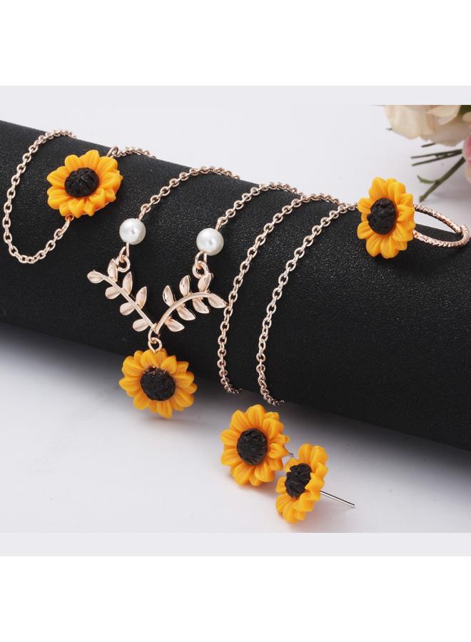 European And American Jewelry Best Creative Sunflower Necklace Sunflower Earrings Ring Flower Bracelet Four-piece Manufacturers