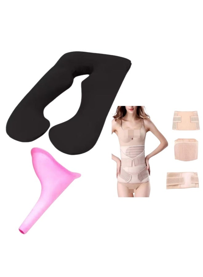 وسادة نوم للحوامل على شكل حرف U + قمع تبول للطوارىبعد الحمل مباشرة+ مجموعة احزمة 3 في 1 للبطن والخصر للتعافى و لدعم ما بعد الولادة