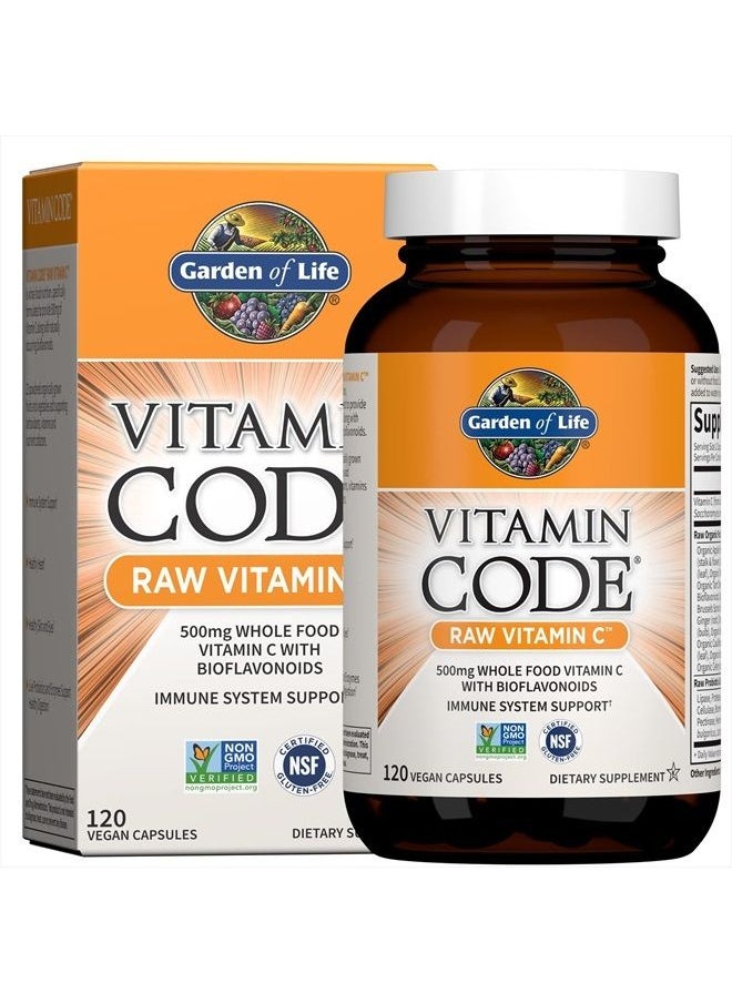 Garden of Life فيتامين C - فيتامين C الخام - 120 كبسولة نباتية، 500 مجم فيتامين C من الطعام الكامل مع البيوفلافونويد والفواكه والخضروات والبروبيوتيك ومكملات فيتامين C الخالية من الغلوتين للبالغين  - Image 1