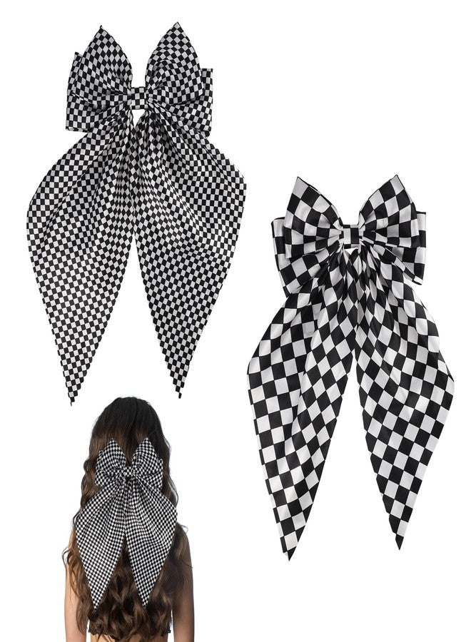 PKRFCJ 2 Pcs Checkered Hair Bow, Black White Checkerboard Checkered Hair Scrunchies with Long Tail, Can Be Matched with Various Styles, for Girls, Women - Image 1